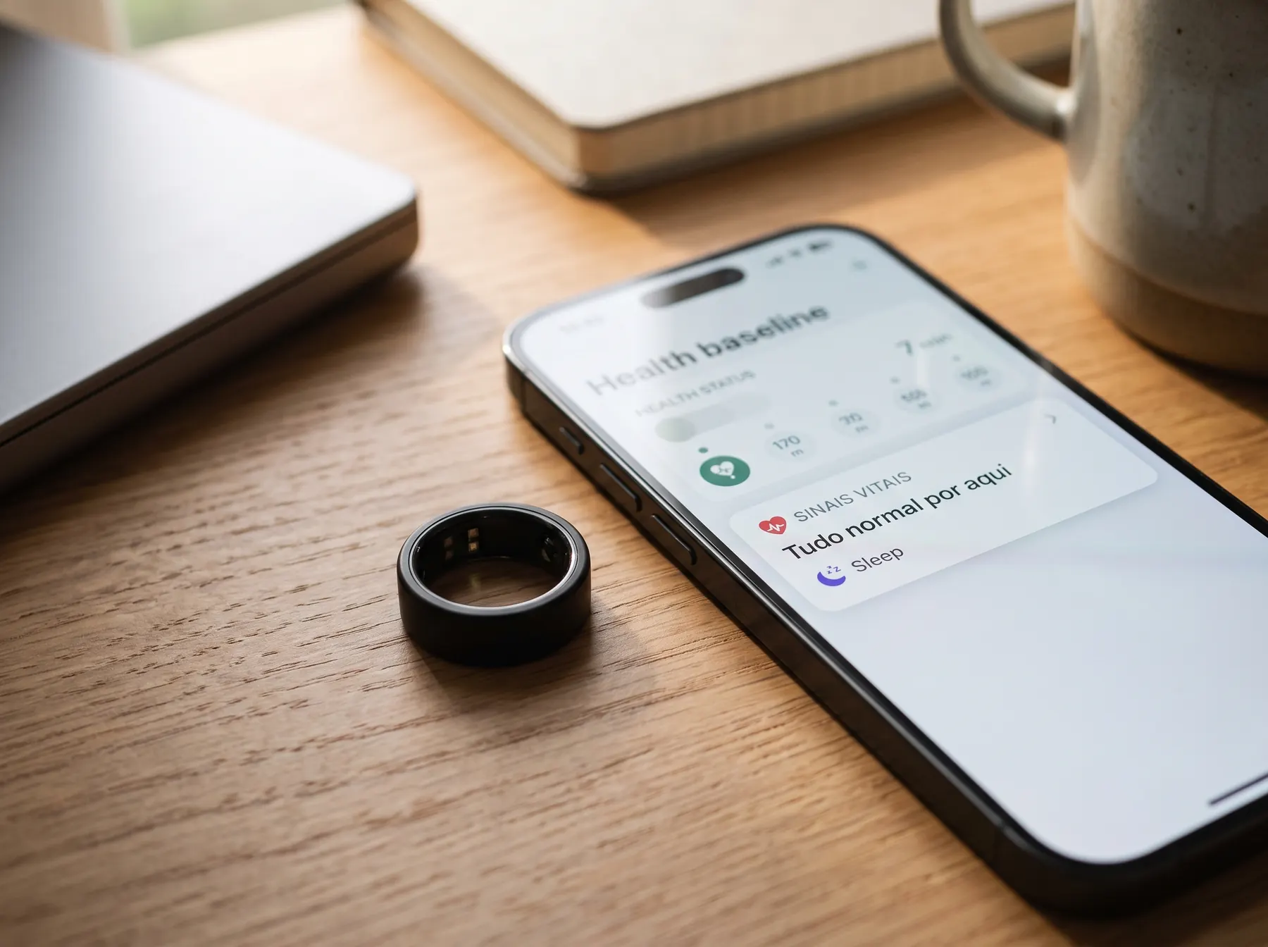 Anel inteligente sobre uma mesa de madeira ao lado de um celular com o aplicativo aberto