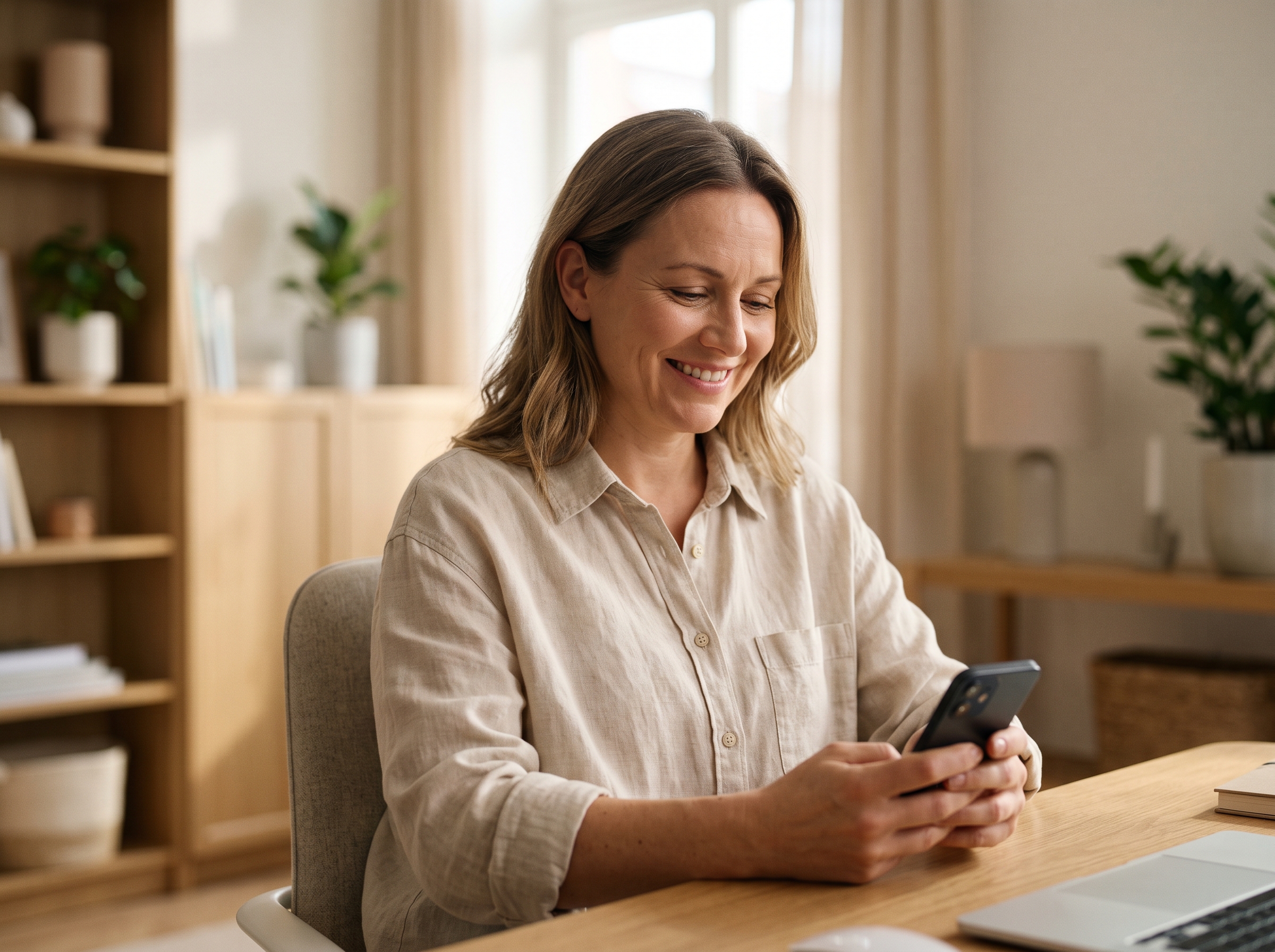 Mulher sorrindo ao consultar uma mensagem no celular em casa