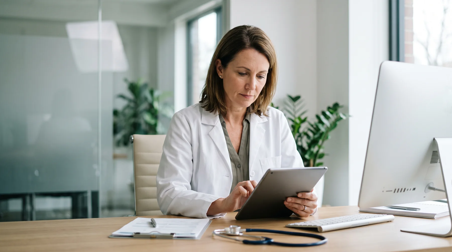Profissional de saúde consultando informações em um tablet no consultório